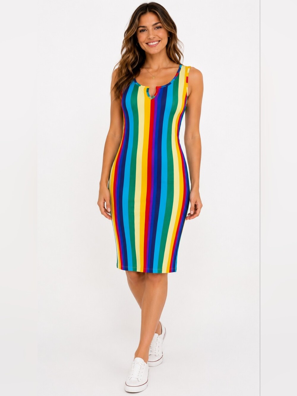 Absolutely It! Rainbow Stripe Sleeveless Dress Size 1X Colorful Midi Stretchy